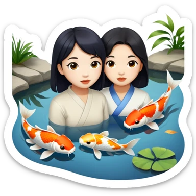 two asian girls koi pond sticker