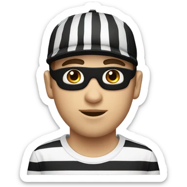 Guy wearing white and black striped shirt with a black cap and black eye mask sticker