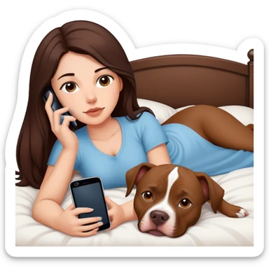 Girl long dark brown hair layed on her bed with her cell phone and her brown pit bull lays guarding her sticker