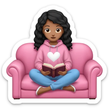 Una chica linda de cabello negro con ondas hasta los hombros de piel blanca con una sudadera rosa en un sofá cómodo y hermoso leyendo la biblia sticker