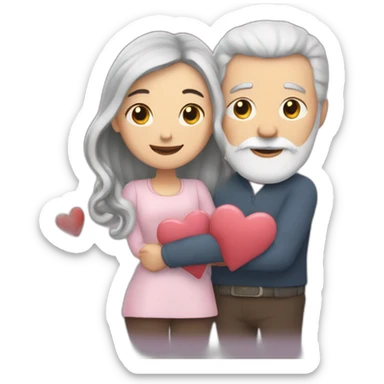 Man with gray hair and white beard hugs woman with dark brown hair with floating hearts sticker