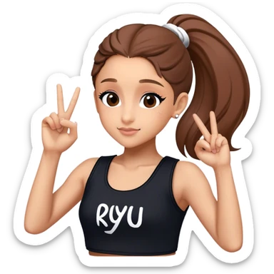 Ariana grande with ok doing sign and "ryu" written on toptank sticker