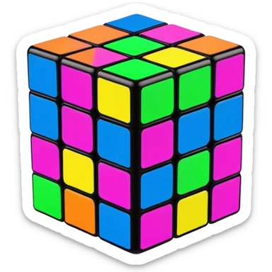 A 3x3 Rubik's Cube with fluorescent colors: glowing green, radiant pink, brilliant blue, luminous yellow, vivid orange, intense purple, minimalist iOS emoji style sticker