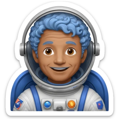 old man, brown skin astronaut with curly blue hair, smile sticker