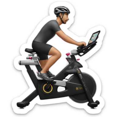 Man peddling Peloton stationary bike with screen sticker