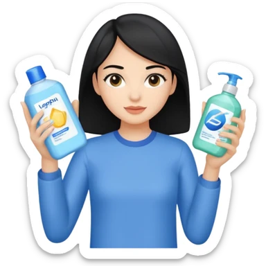 Generate a light-skinned girl with black hair who takes skincare. On the left hand side, she holds a detergent in her hand, and on the right hand side on the sheath, it is the one she applied. sticker