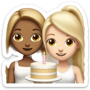 Girl with long blond hair and white girl with brown straight hair are holding big white cake sticker