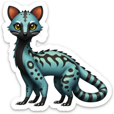 Rare warm-colored exotic edgy epic aesthetic spooky dark modern colorful cyber-Genet-Trico-Salandit-Civet-species-Fakemon-hybrid-creature, with beautiful intricate markings, full body sticker