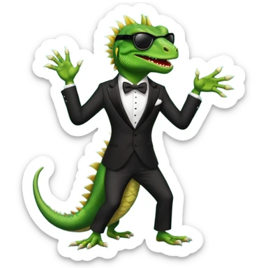 capitalist iguana banker in tuxedo and black sunglasses dancing crazy sticker