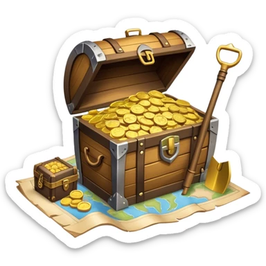 An icon featuring a treasure chest overflowing with gold, a treasure map with a compass rose, a backpack, and a shovel. The map guides the way, symbolizing the adventure of treasure hunting. Set against a transparent background, the design evokes excitement and exploration. sticker