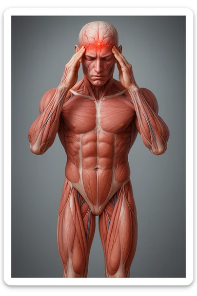 Full figure, hyperrealistic 4K medical illustration, exactly matching the style, pose, and composition of the reference: anatomical human body holding fingers on temples, contracted forehead, red spot on the forehead, expression of pain, clear background, extremely detailed, same lighting and style as reference. sticker