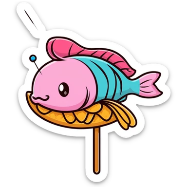 A cute arrangement of fish cake with pink swirl, rice cracker, and tri-colored dango skewer as a Japanese snack trio sticker