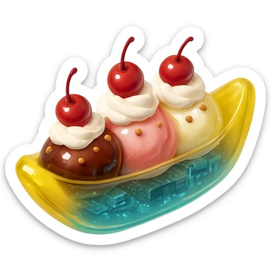 3D glossy ice cream sundae banana split style with three scoops, whipped cream, nuts, cherries, shiny highlights sticker