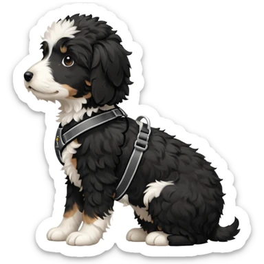 Black and white aussiedoodle puppy in side profile wearing harness  sticker