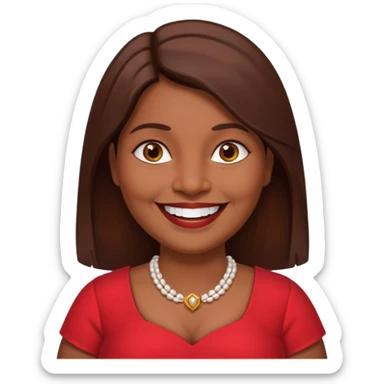 50 yr old chubby Sri Lankan woman, dark skin, straight brown hair, big smile, white teeth, red dress clothes, longer hair straight, big teeth sticker