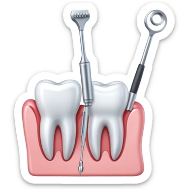 tooth with a small drill and dental mirror, representing root canal treatment sticker