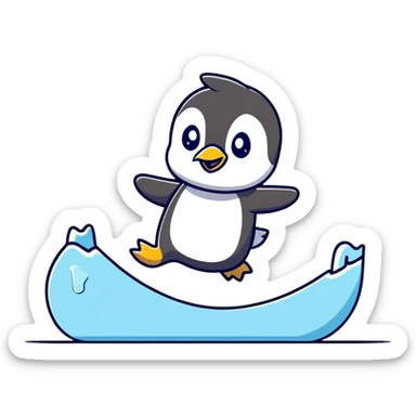 Playful cartoon penguin sliding on ice sticker