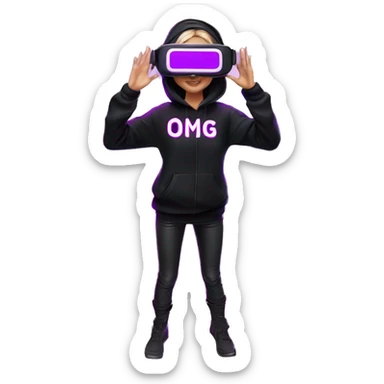 Russian girl wearing black hoody with violet letters "OMG", in vr headset oculus quest2. Standing like jedi. Cyberpunk style. Violet neon. sticker