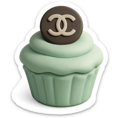 pastel mint Chanel cupcake with a chocolate logo disk, elegant sticker