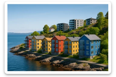 A coastal town in norway, apartment blocks sticker