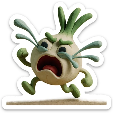 adorable anthropomorphic green onion in claymation style, round white onion body, oversized expressive eyes, green leaves as hair, comically exaggerated crying expression with onion juice tears spraying out, funny dynamic pose, pastel colors, visible clay details, high quality lighting, transparent background sticker