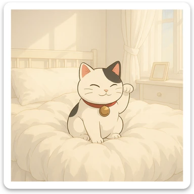 White and black Chinese lucky cat in a cozy on a soft puffy white duvet covered bed in bright white and clean girl aesthetic bedroom, kawaii  sticker