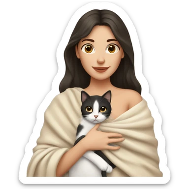 pretty white woman with dark hair petting cat in beige blanket sticker