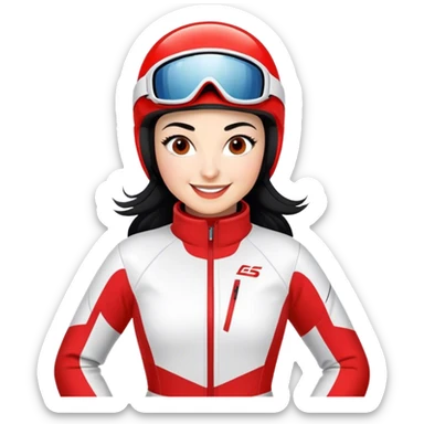 Ski racer downhill woman red white dress black hair smile sticker