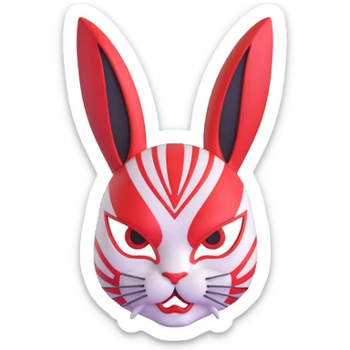 stylized usagi rabbit kabuki mask, red and white, angry expression, highly detailed sticker