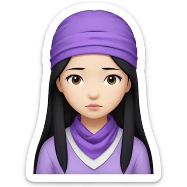 Asian girl, long straight hair, lilac bandana, white and lilac clothes, sad face sticker