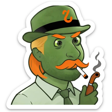 A guy with blonde pigtails wearing a green fedora smoking a pipe with a orange beard with a white shirt with a recycling symbol on it sticker