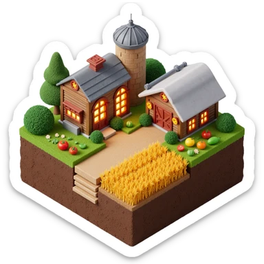 Farm with glowing neon lights across buildings and pipes, visible soil foundation, golden wheat fields and colorful vegetables, skeuomorphism style sticker