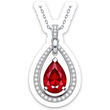 teardrop ruby pendant pulsing fiery red, cradled in a floating silver chain, haloed by glistening white stones like stardust sticker