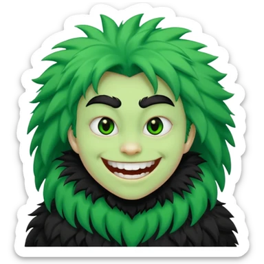 A bald person with bright white skin with a green sclera and green teeth, grinning widely. Has fluffy black neck fur, with a fluffy black body sticker