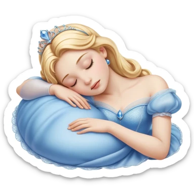 Cinematic Realistic Sleeping Cinderella Portrait, portrayed with exceptional realism: her luminous porcelain skin and exquisitely detailed golden-blonde hair lie softly under the gentle caress of natural light. Her eyes are peacefully closed in a serene, dreamlike slumber, and every fold and shimmer of her iconic ball gown is rendered with painstaking detail. The overall composition radiates a quiet, enchanting glow that encapsulates the timeless, restful beauty of a princess lost in a gentle, magical dream. sticker