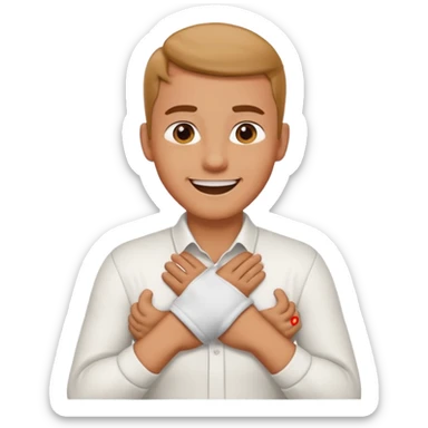 Man with hands gripped around neck crossed like he is choking while smiling sticker