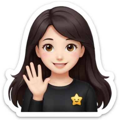 kawaii streamer girl, brunette, dark brown eyes, long dark hair, black outfit, smiling, sparkling eyes, blushing cheeks, happy expression, small stars around, emoji icon sticker