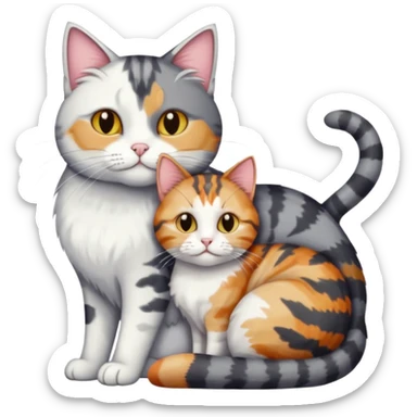 full body colourful light patched calico + white tabby cat cuddling a bigger cat that is dark grey and white tabby cat  and they are in love sticker