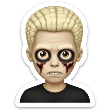 zombie boy with black afro, half blonde and half black, wearing a black shirt sticker