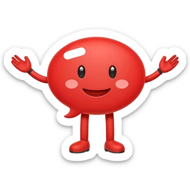 Minimal red emoji character shaped like a rounded speech bubble, with a soft face and two white lines inside symbolizing text. Small arms and legs, looks energetic and helpful. Represents short and clear communication. Flat emoji style on white background, clean and cheerful sticker