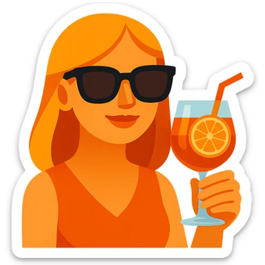 Add sunglasses to the Italian girl and make her hair dark blond, keep the Aperol Spritz and vibrant toon emoji style, with no background. sticker