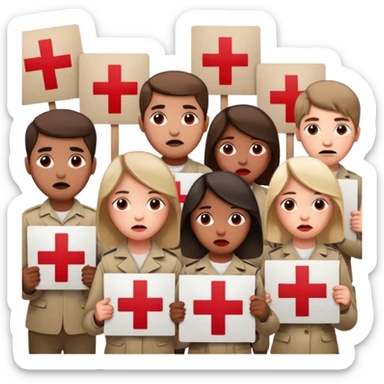 a crowd of people with unhappy faces, holding posters with a red cross painted on them sticker