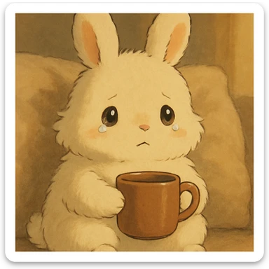 fluffy cream bunny with teardrop eyes holding a coffee mug, cozy soft background, ghibli style sticker