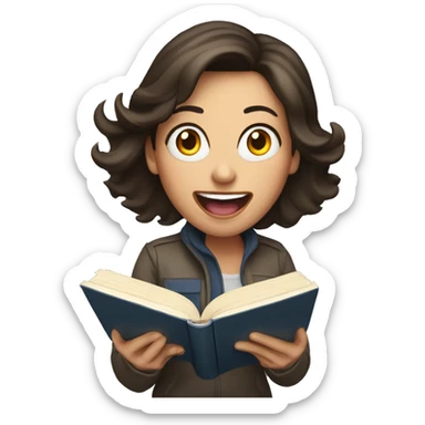 brunette woman screaming while holding and reading book sticker