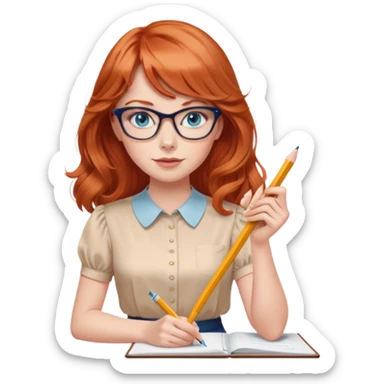 redheaded woman with long wavy hair and bangs, blue eyes, clear cat-eye glasses, short-sleeve apricot blouse, pencil skirt, holding a pencil sticker