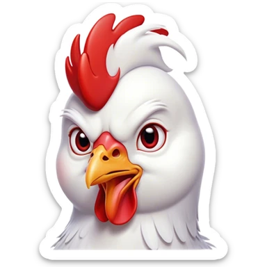 Cinematic Comical White Chicken Portrait Emoji, Head tilted dramatically with an exaggeratedly shocked or amused expression, featuring a sleek, immaculate white plumage with a prominent red comb, wide, expressive beady eyes filled with playful disbelief, Simplified yet hilariously expressive features, highly detailed, glowing with a slightly sassy glow, high shine, dramatic yet playful, stylized with an air of cheeky mischief, bright and endearing, soft glowing outline, capturing the essence of a spirited and over-the-top chicken, so meme-worthy it feels like it could cluck its way into internet fame instantly! sticker