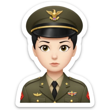 short black neat hair, sharp dark gray eyes, pale skin, serious expression, wearing military uniform, upright posture, minimal accessories, sharp and precise styleDog wizard sticker