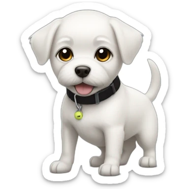 Small white dog short hair like a terries with a tennis ball and a black collar  sticker