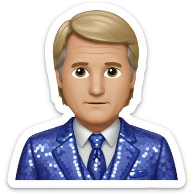 Jeff Daniels with dark blonde hair, periwinkle sequin suit sticker