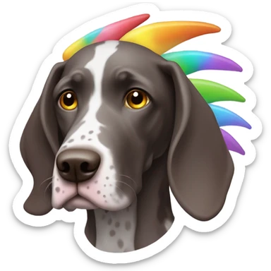 A short haired German pointer with a unicorn horn and dragon wings sticker